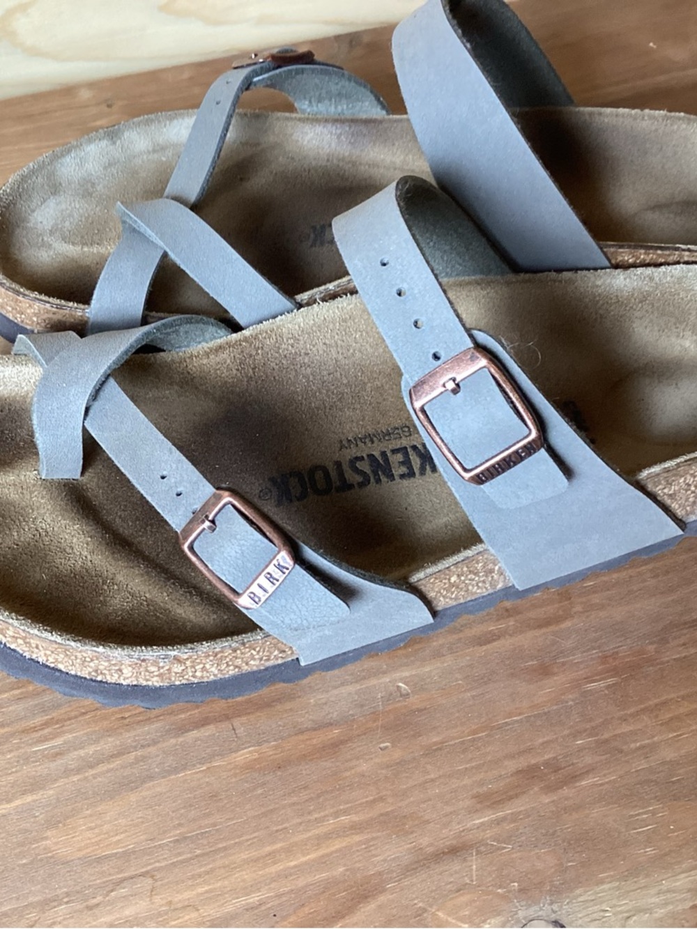 Birkenstock Gray Suede Two-Strap Sandals with Copper Buckles